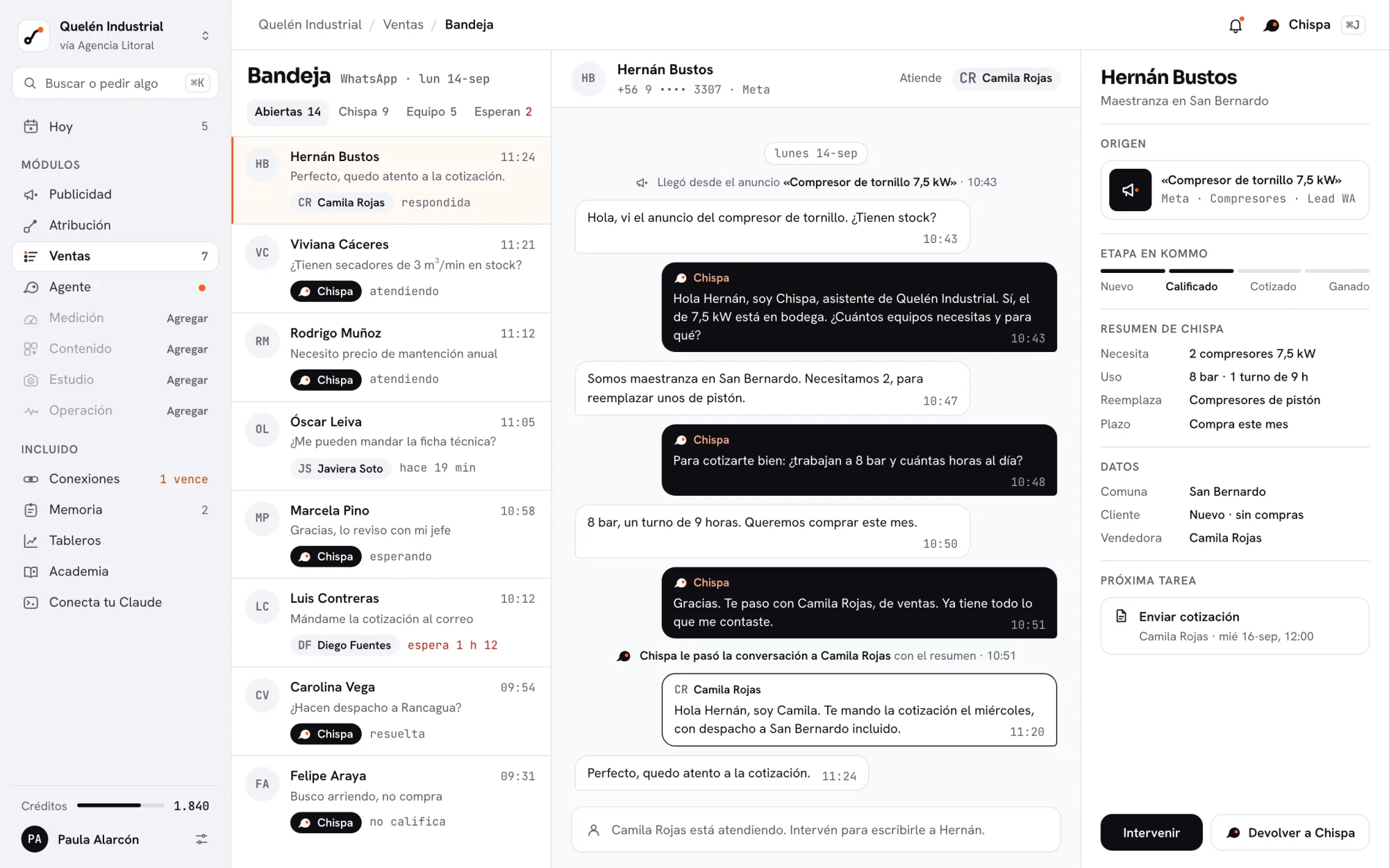 La bandeja de Glix con la misma conversación: llegó del anuncio, Chispa la calificó y la pasó a ventas