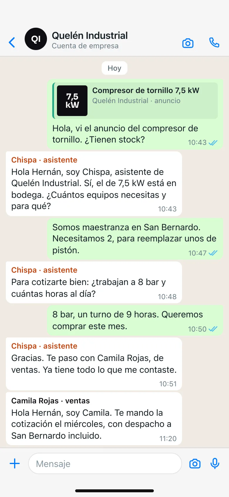 Chispa contestando por WhatsApp a un cliente que llegó desde un anuncio